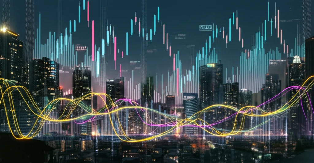 Abstract financial chart depicting Lévy flight patterns over a cityscape.