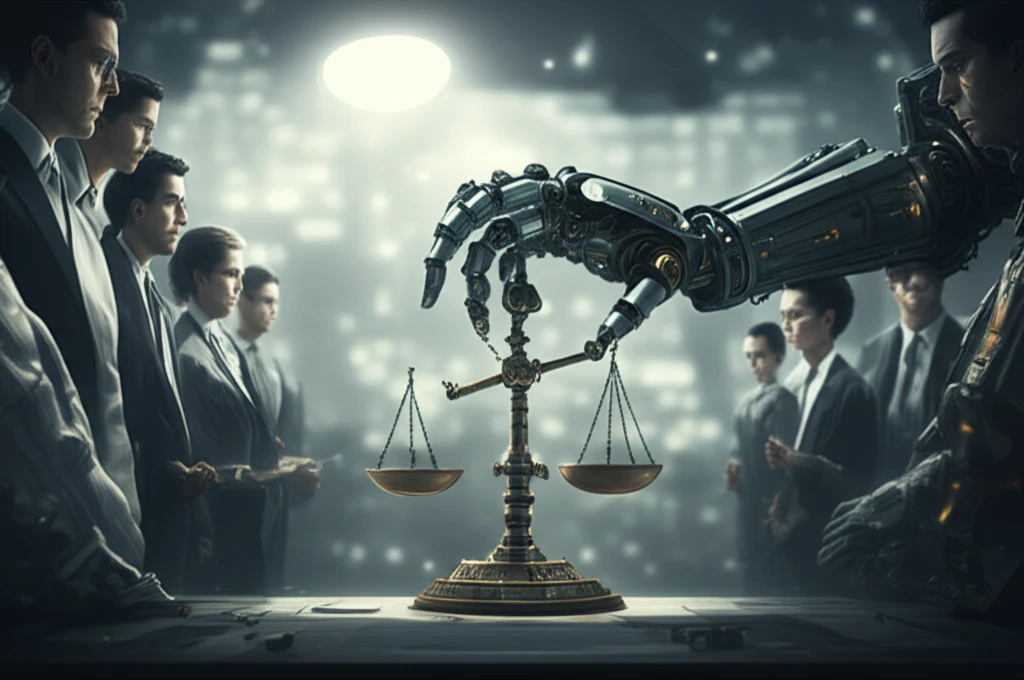 Ethical AI: A robot hand offering a balanced scale to diverse people.