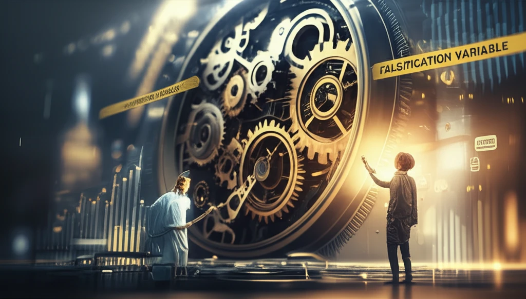 Surreal illustration of a researcher examining a complex clockwork mechanism.