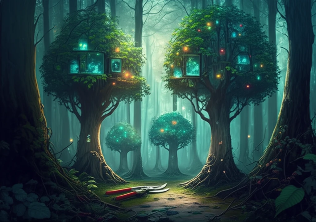 Surreal illustration of a data-driven forest where decision trees are being pruned.