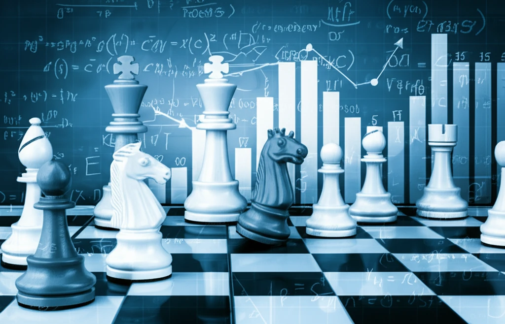 A chessboard with pieces representing economic concepts, set against a backdrop of complex equations and graphs.