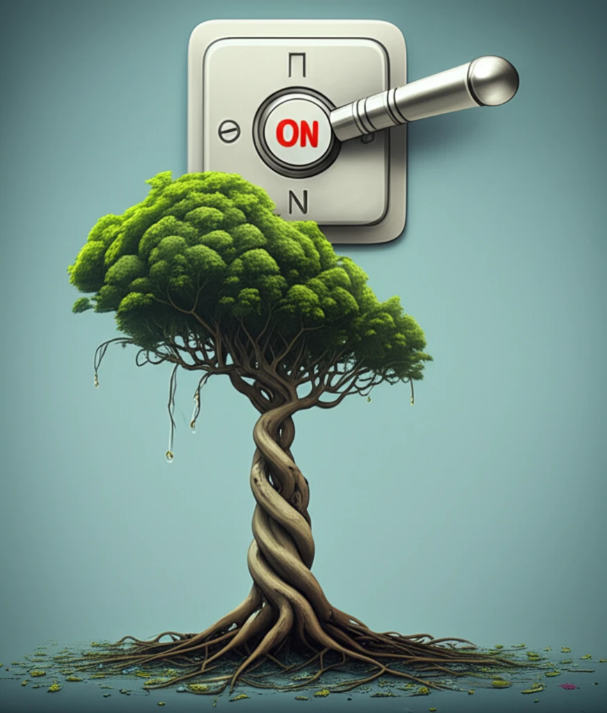 Binary switch transforming into a flourishing tree symbolizing simple choices leading to growth.