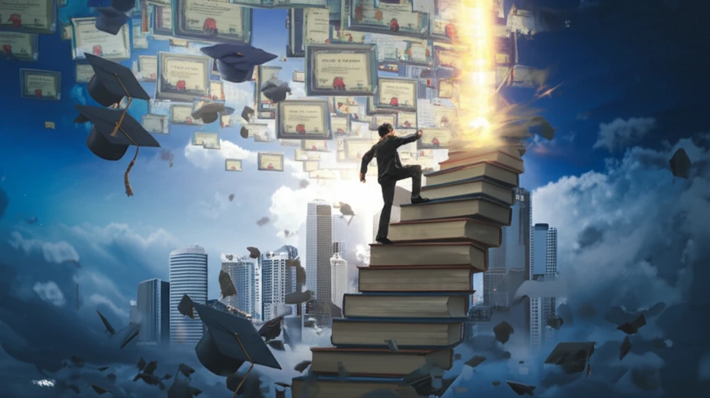 A surreal staircase made of books leads to a bright cityscape, symbolizing career opportunities through education.