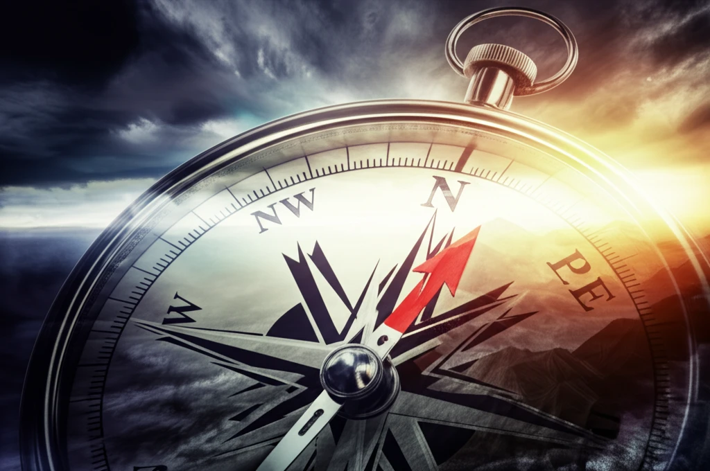 Compass pointing to a stable financial future amidst stormy skies.