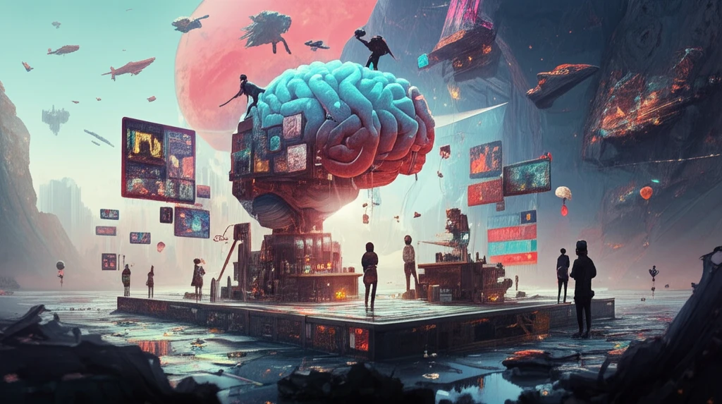 Digital platform as a bustling marketplace, interconnected users and creators, algorithm as matchmaker.