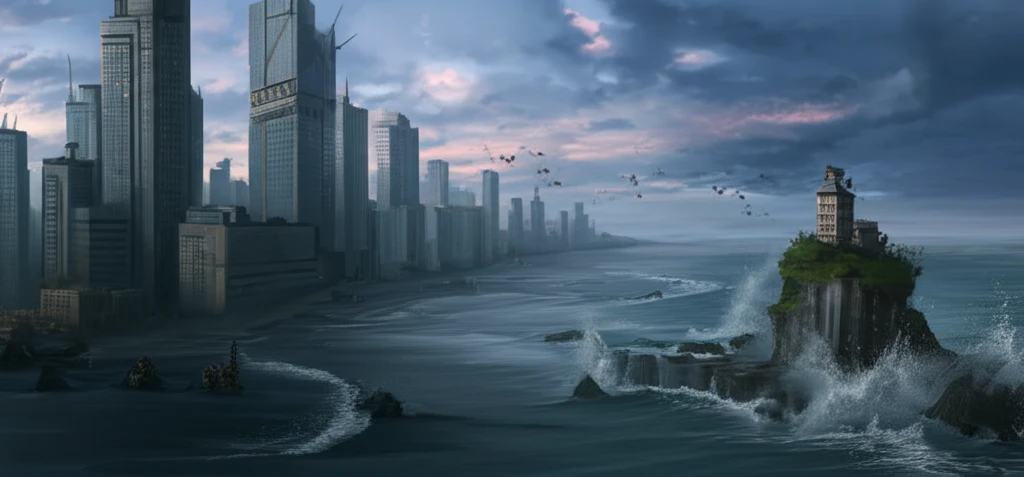 Coastal city gradually sinking into the ocean, representing the economic impact of sea level rise.