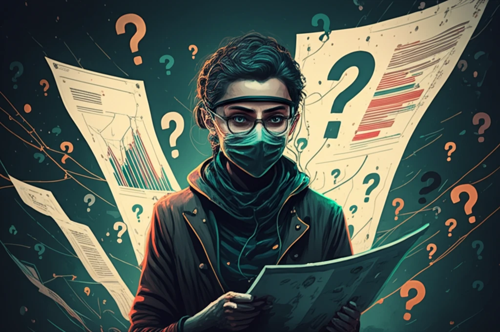 A masked individual contemplates distorted survey results, symbolizing the issue of underreporting.