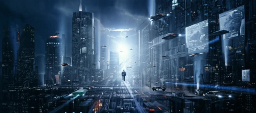 Futuristic cityscape with drones and flying cars navigating through a complex network of light beams.
