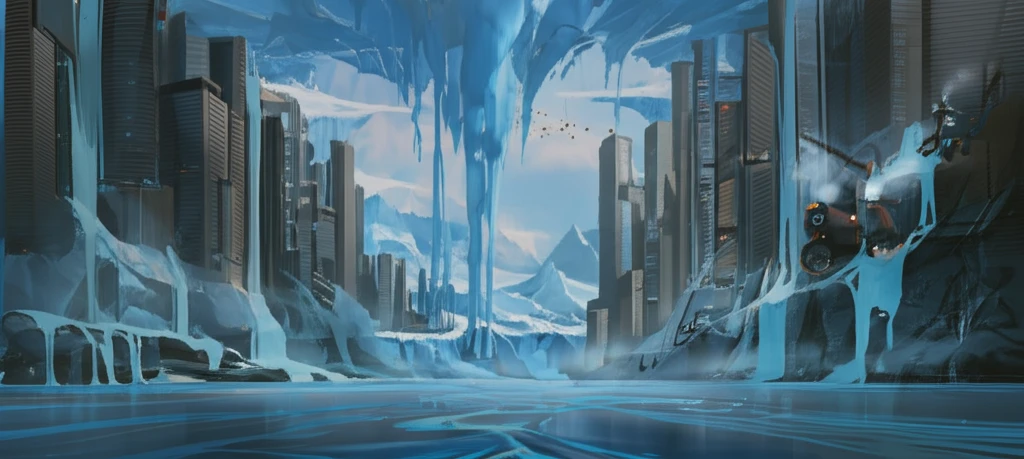 Urban cityscape blending with melting glaciers, symbolizing the economic impact of carbon emissions.