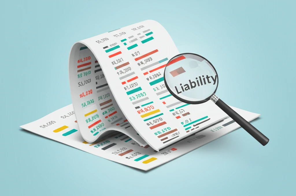 Financial graph transforming into liability ledger, magnifying liability side.