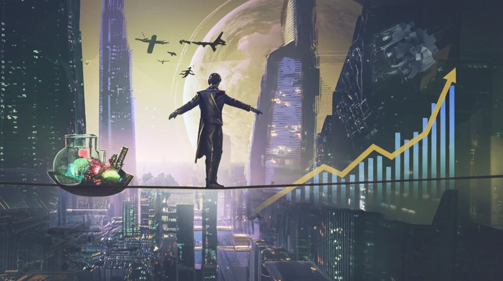 Venture capital firm balancing R&D investments and chart growth.