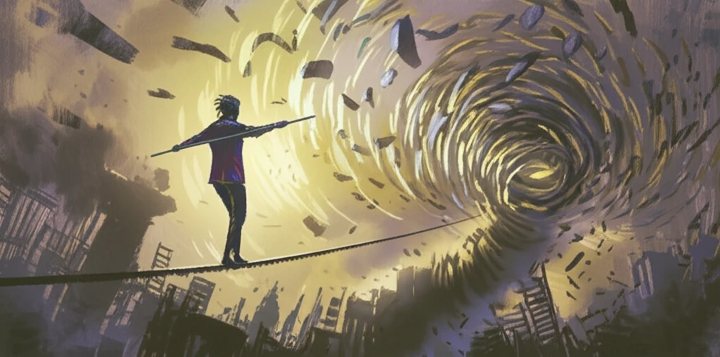 A surreal illustration of a tightrope walker balancing risk and volatility.