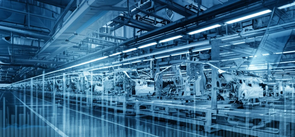 Futuristic Indian auto plant overlayed on a stock market graph.