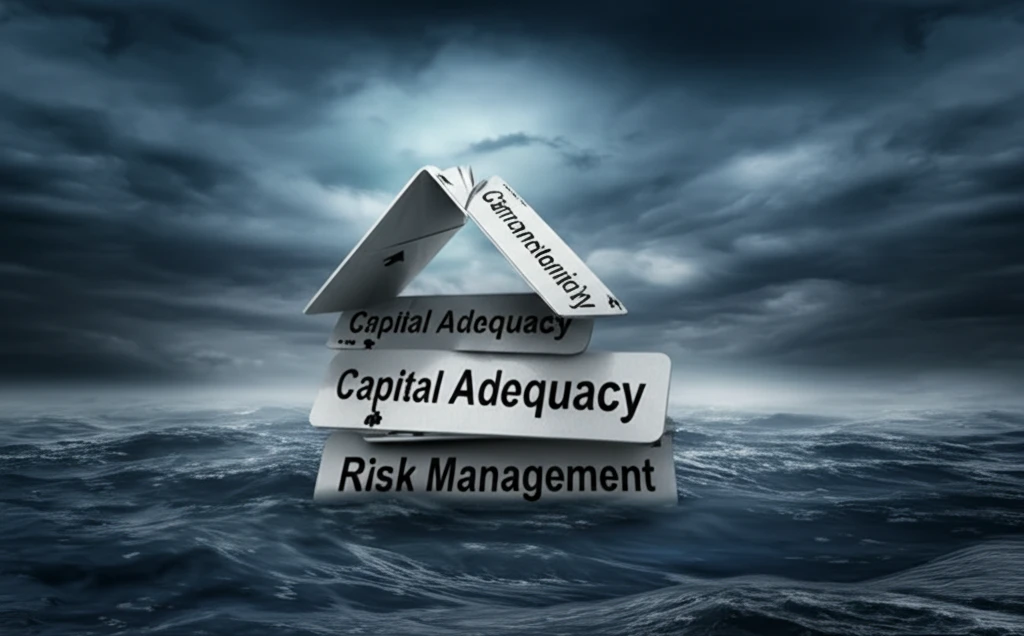 Fragile financial stability depicted as a house of cards collapsing due to flawed risk assumptions.