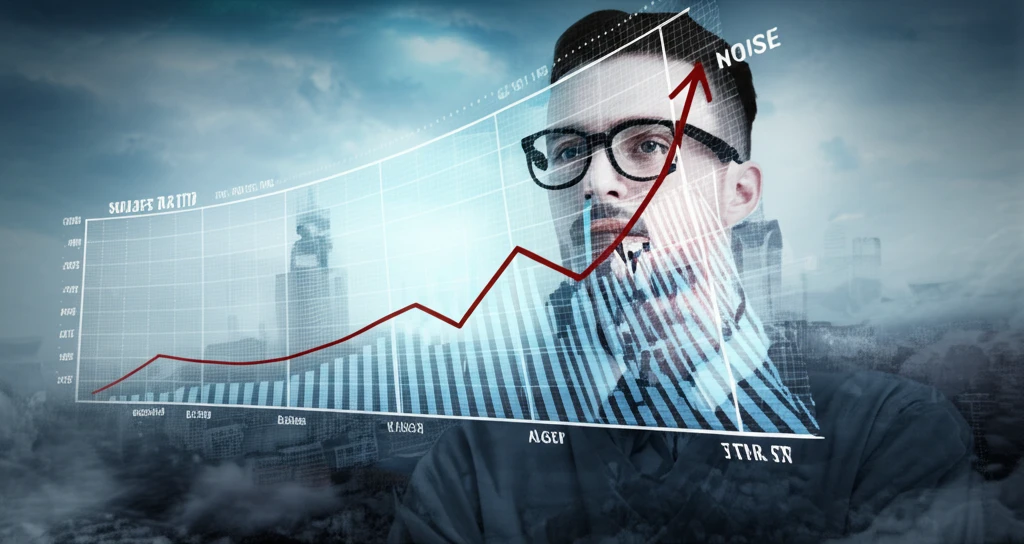 Financial analyst contemplating a Sharpe Ratio chart amidst an uncertain financial future.
