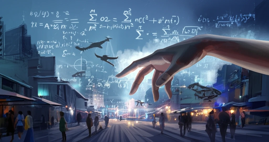 Surreal illustration of Laplace's Hand guiding a balanced marketplace.