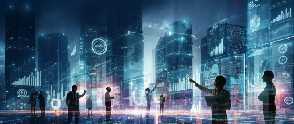 Futuristic cityscape with AI-powered stock charts integrated into architecture