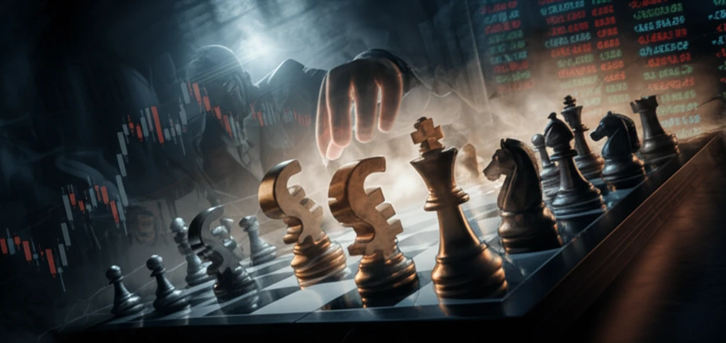A surreal chess game symbolizing market manipulation.