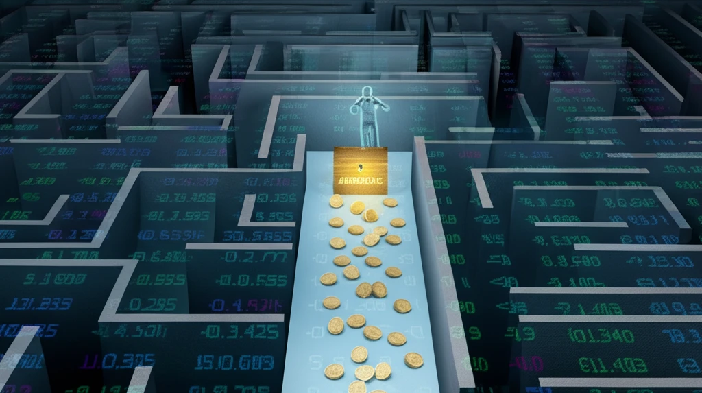 A surreal illustration of a stock ticker labyrinth leading to an arbitrage treasure chest.