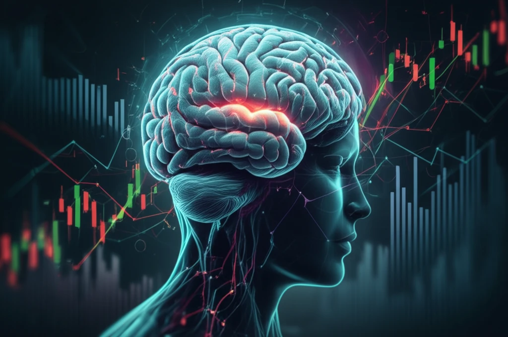 Stock market chart transforming into a brain, symbolizing investor beliefs.