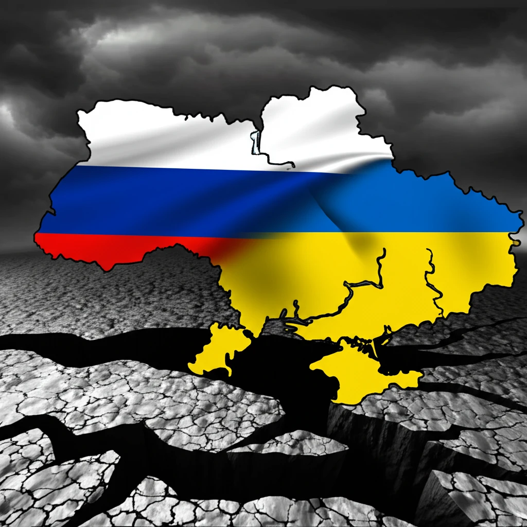 Surreal illustration of the Ukraine conflict showing propaganda and political tensions.