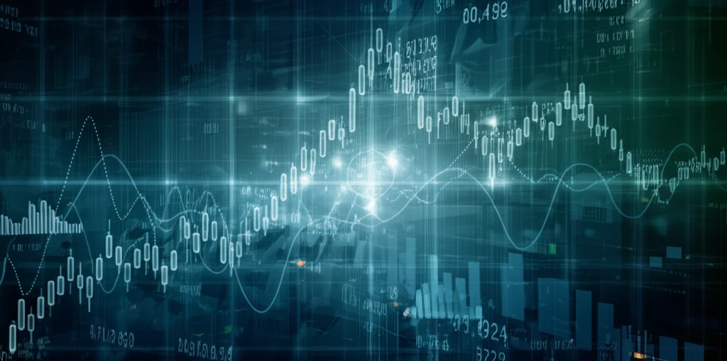 Interconnected financial charts and stock tickers symbolize market forces and volatility in a dreamlike space.