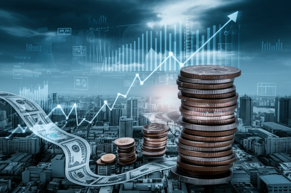 Cityscape of coins with dividend river.