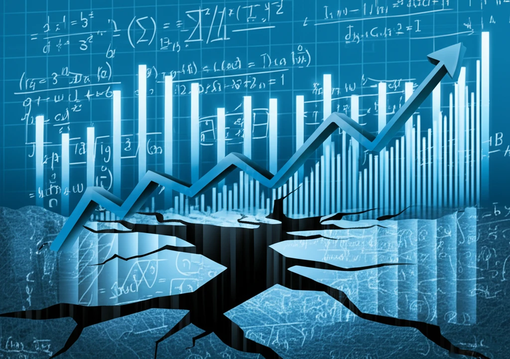 Financial market landscape with sudden cracks and fissures, overlaid with equations.