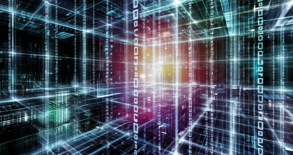 Cityscape of computer chips with a glowing matrix, representing random matrix theory in economic data analysis.
