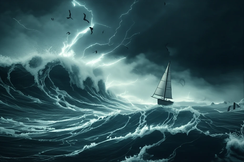 A sailboat navigating a stormy stock market chart, symbolizing investment resilience in volatile conditions.