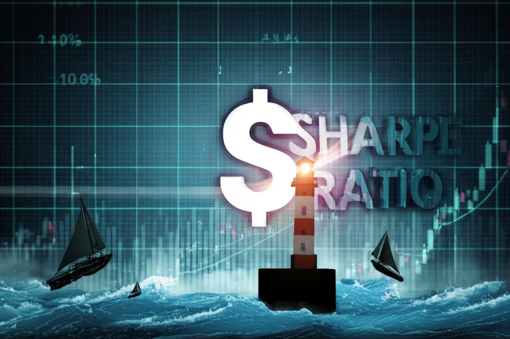 Financial charts cityscape, Sharpe ratio lighthouse, surreal illustration