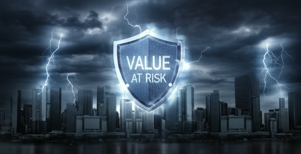 Shield protecting city from storm, symbolizing Value at Risk.