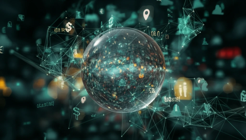 A surreal crystal ball reflecting interconnected financial markets, symbolizing risk and uncertainty.