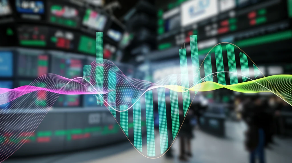 Surreal illustration of a financial graph blending with a Gamma distribution curve, representing order and randomness in option pricing.