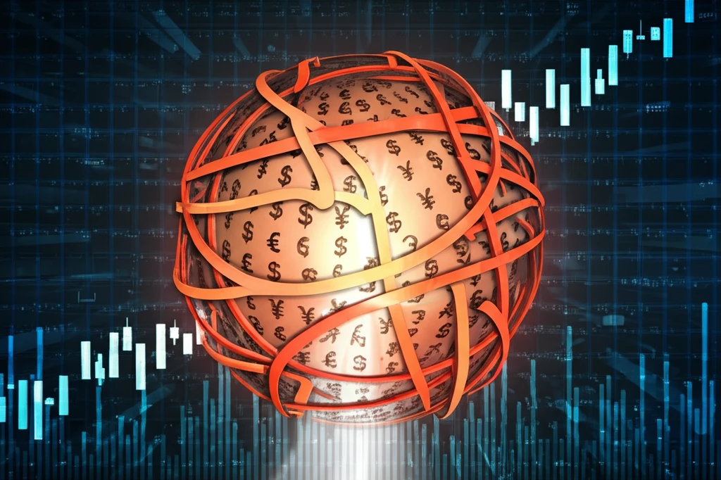 Complex network of currency symbols forming a vibrant sphere, representing the dynamics of foreign exchange markets.