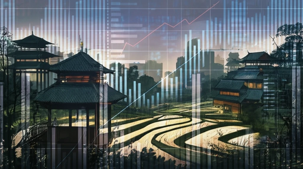 Asian landscape with financial charts overlaid