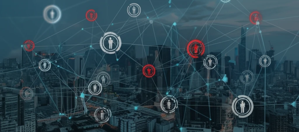 A digital illustration showing a network of interconnected businesses with red nodes indicating spreading default risk.