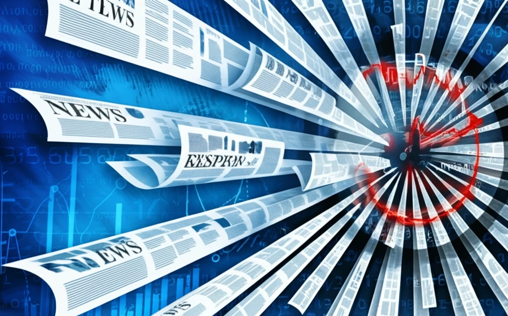 Illustration of news articles influencing a stock market chart, representing attention spillover.