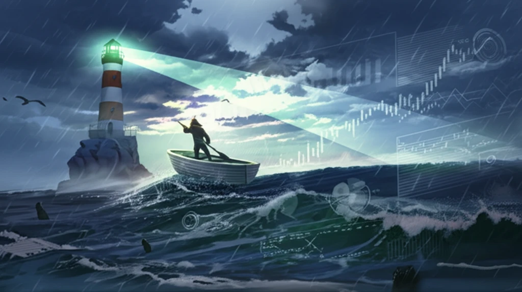 A symbolic illustration of navigating financial risk, featuring a boat in a stormy sea guided by a lighthouse.