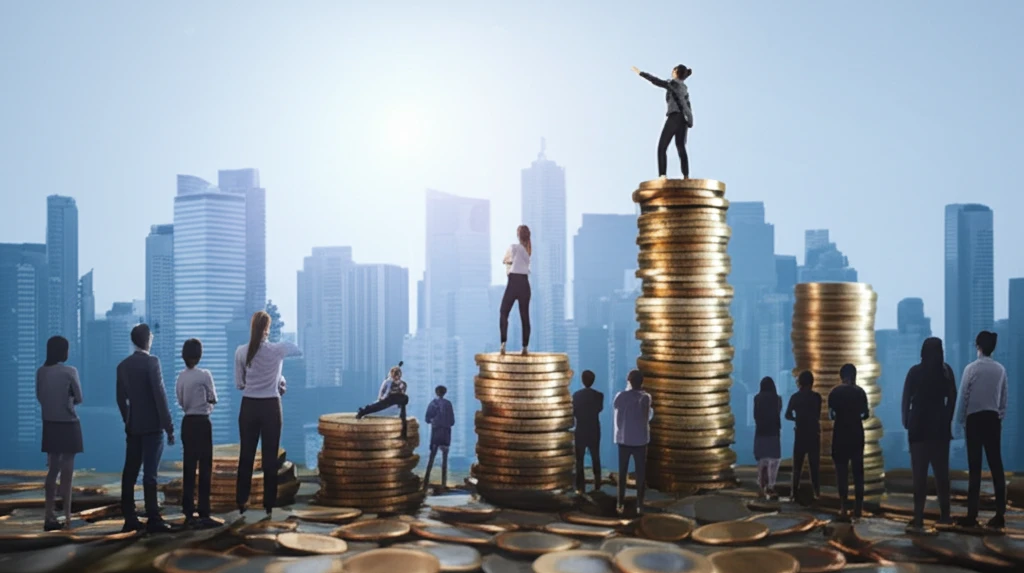 Digital illustration of a cityscape made of coin stacks, symbolizing income inequality.