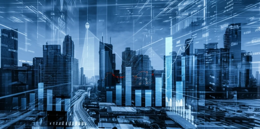 Futuristic cityscape with overlaid financial charts, illustrating investment strategy and technological innovation.