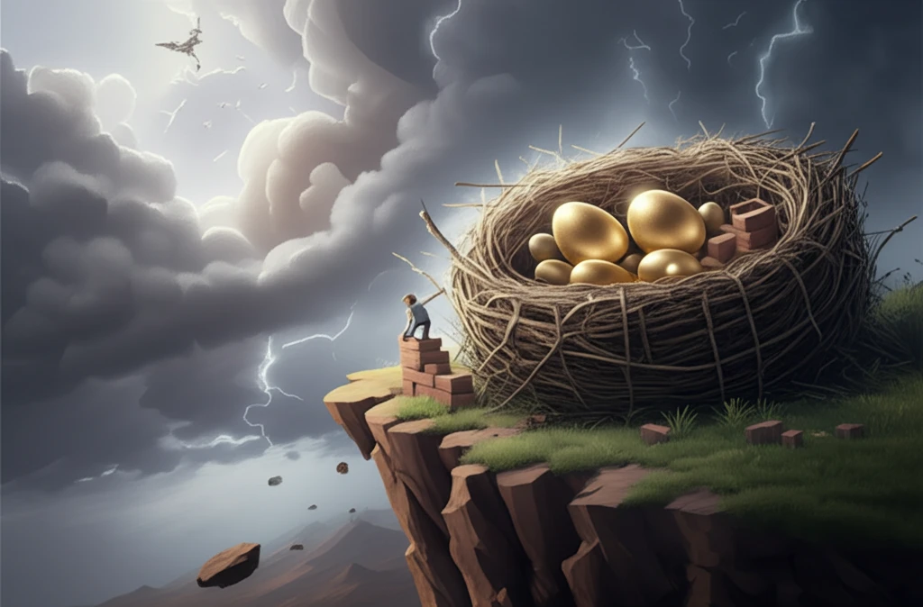 Precarious nest on a cliff edge symbolizing financial risk management.