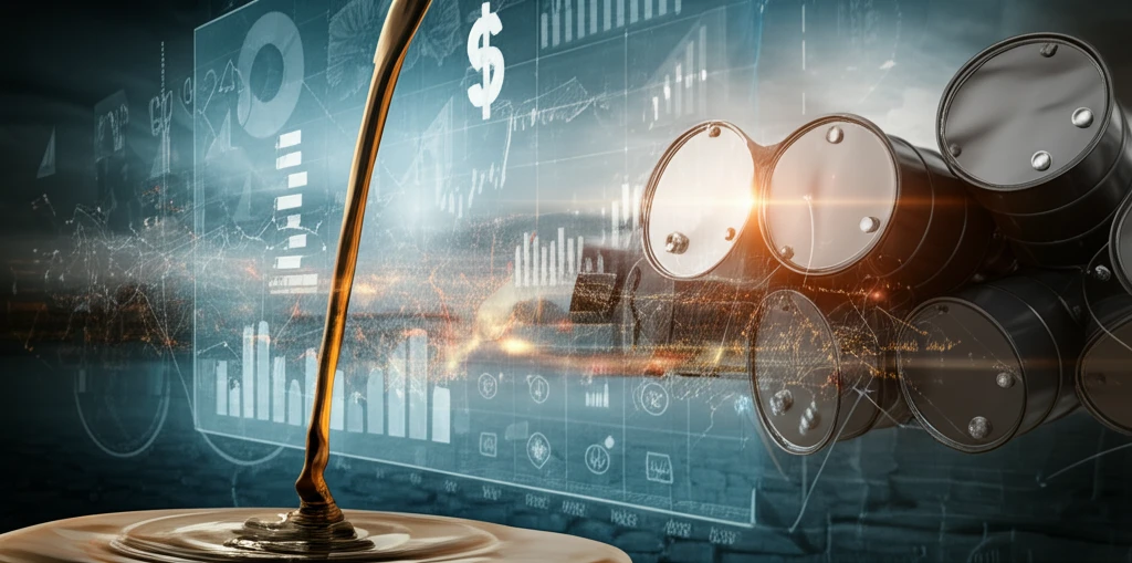 Digital illustration of oil flowing into data interface, representing information-driven commodity pricing.