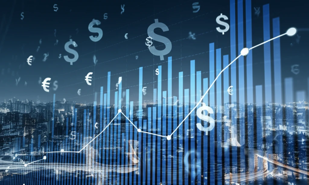 Financial graph with non-Gaussian distribution curve over city backdrop