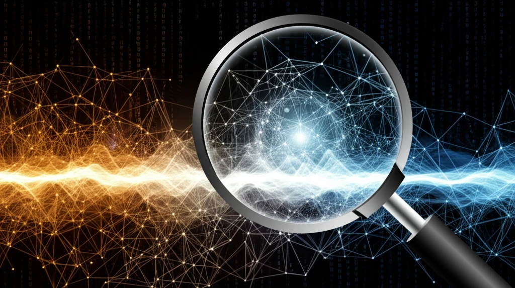 Interconnected network of data points with a magnifying glass focusing on a specific cluster.
