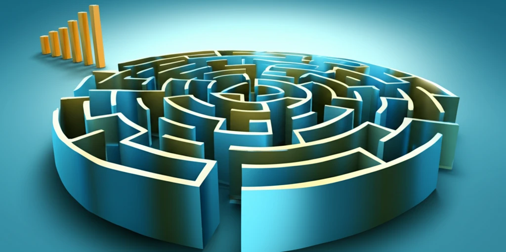 Stock market chart transforming into a maze, symbolizing trend following investment strategies.