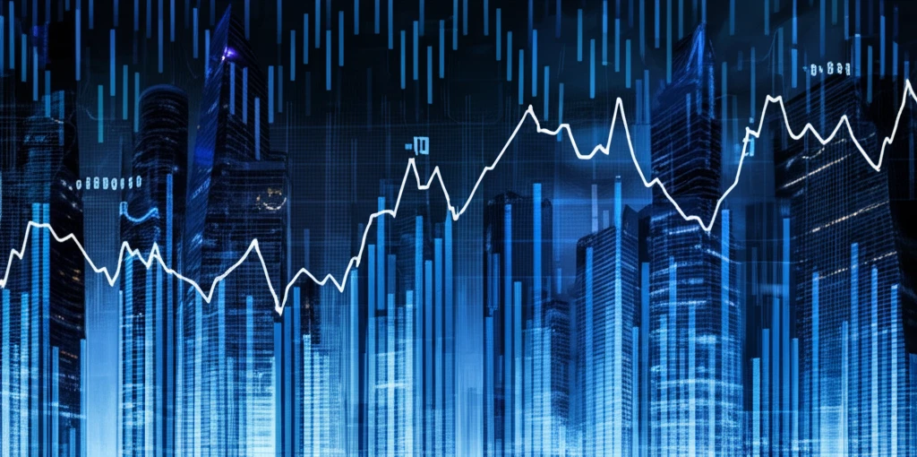 A surreal cityscape formed from stock charts, symbolizing the integration of stochastic patterns in financial markets.