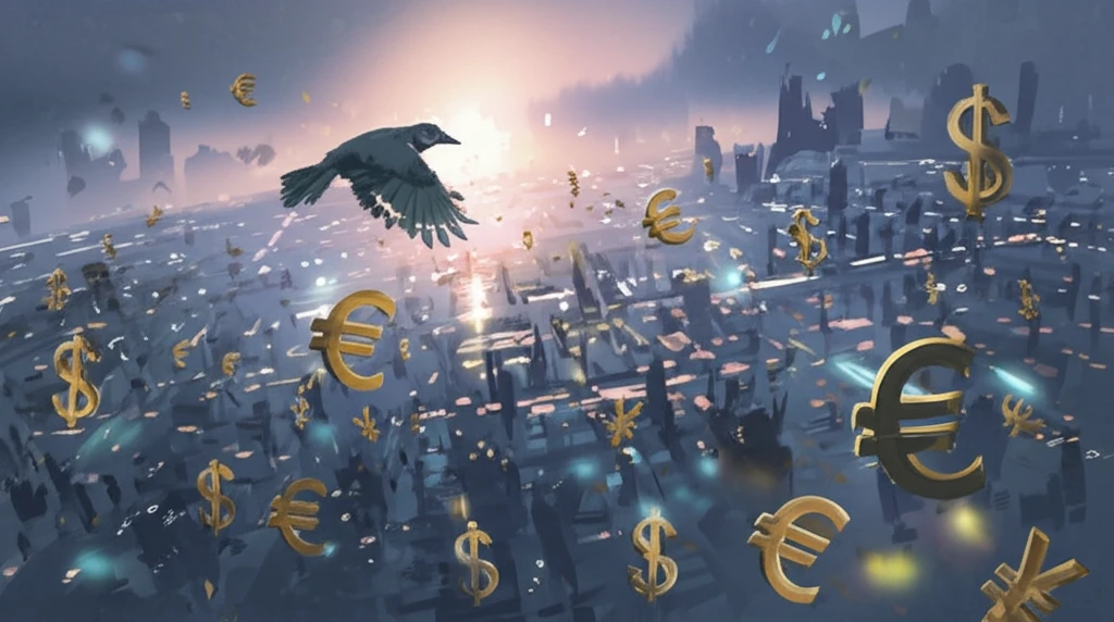 Surreal illustration of a bird flying over a currency-symbol cityscape.