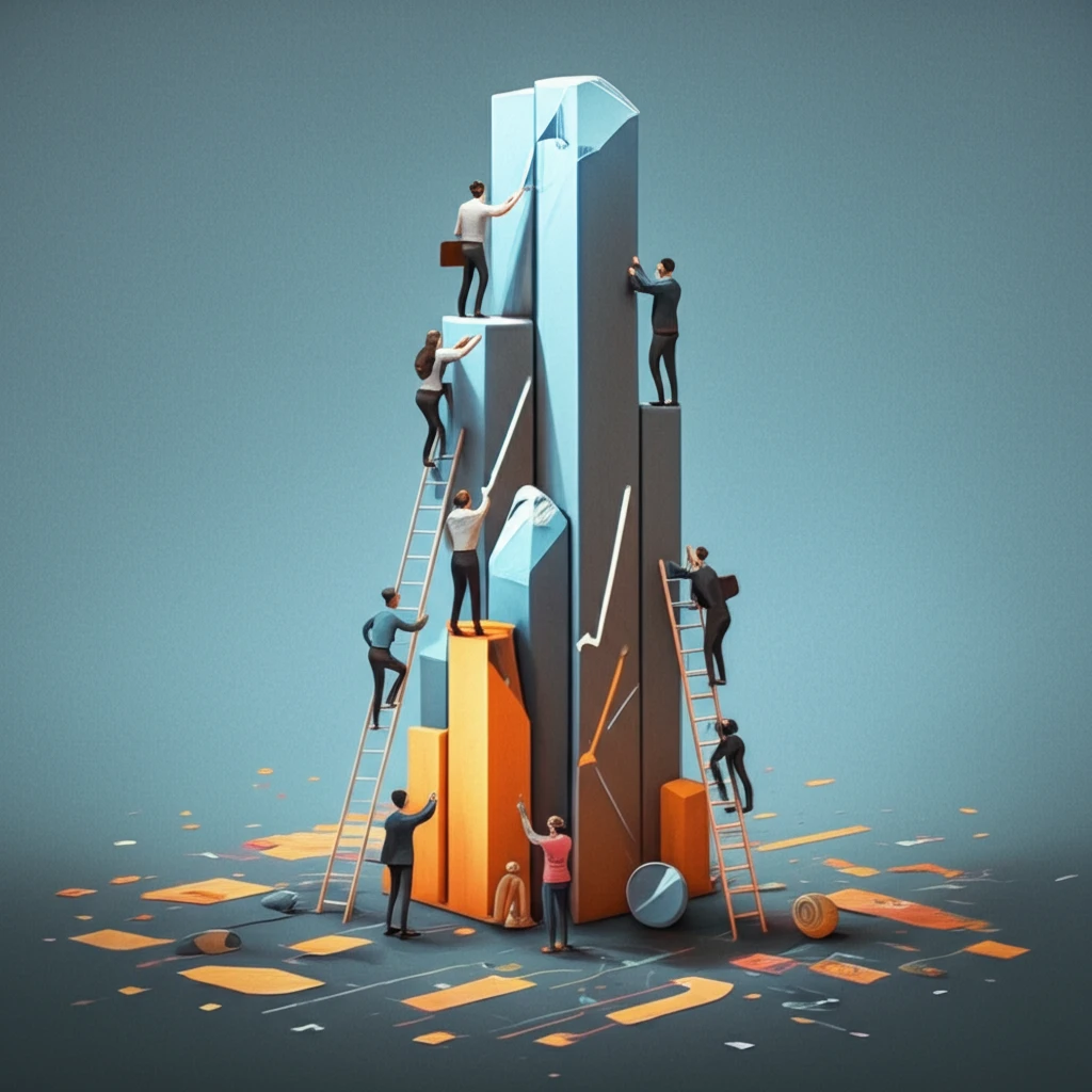 Diverse investors collaboratively building a towering financial structure, symbolizing Markowitz portfolio's balanced approach.