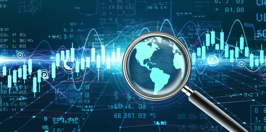 Surreal illustration of global markets with fluctuating lines, highlighting financial analysis.